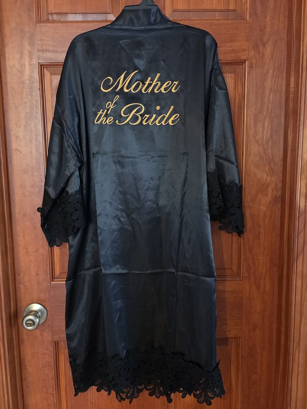 Mother of the Bride Black Satin Robe with Gold Script